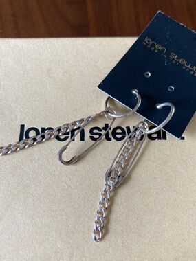 pair Loren Stewart sterling silver charm hoops with chain and safety pin charms